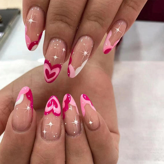 French Tip Press on Nails Pink Heart Fake Nails Medium Almond False Nails with Designs Star Pink Heart Glue on Nails Nude Full Cover Glossy Acrylic Nails for Women Girls 24 Pcs
