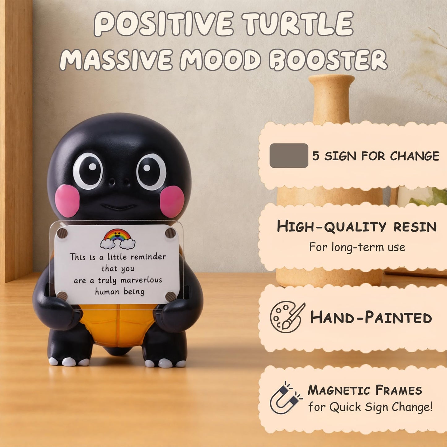 hollishowe Positive Turtle Figurine - 4.3" Tall Hand-Painted Resin Indoor Office Desk Decoration with Cute Motivational Sign, Funny Gift for Women Friends Bestie BFF Bestfriend Coworkers (Black)