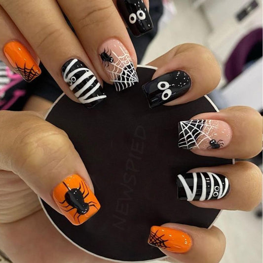 Halloween Spider Press on Nails Short Square Fake Nails with Mummy Spider Web Designs Black Orange Halloween Glue on Nails Cute Holiday Acrylic False Nail for Women Manicure Decoration 24Pcs