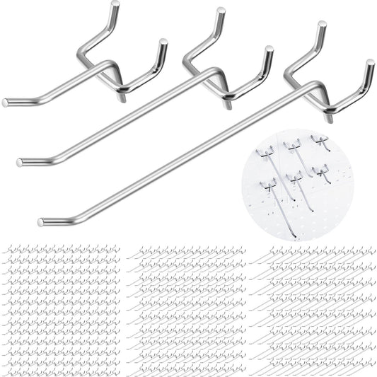 Hicarer 200 Pcs Stainless Steel Pegboard Hooks Multiple Sizes Fit 1/4" or 1/8" Pegboard Ideal for Garage Tool Organization, Wall Storage(2 Inch, 4 Inch, 6 Inch)