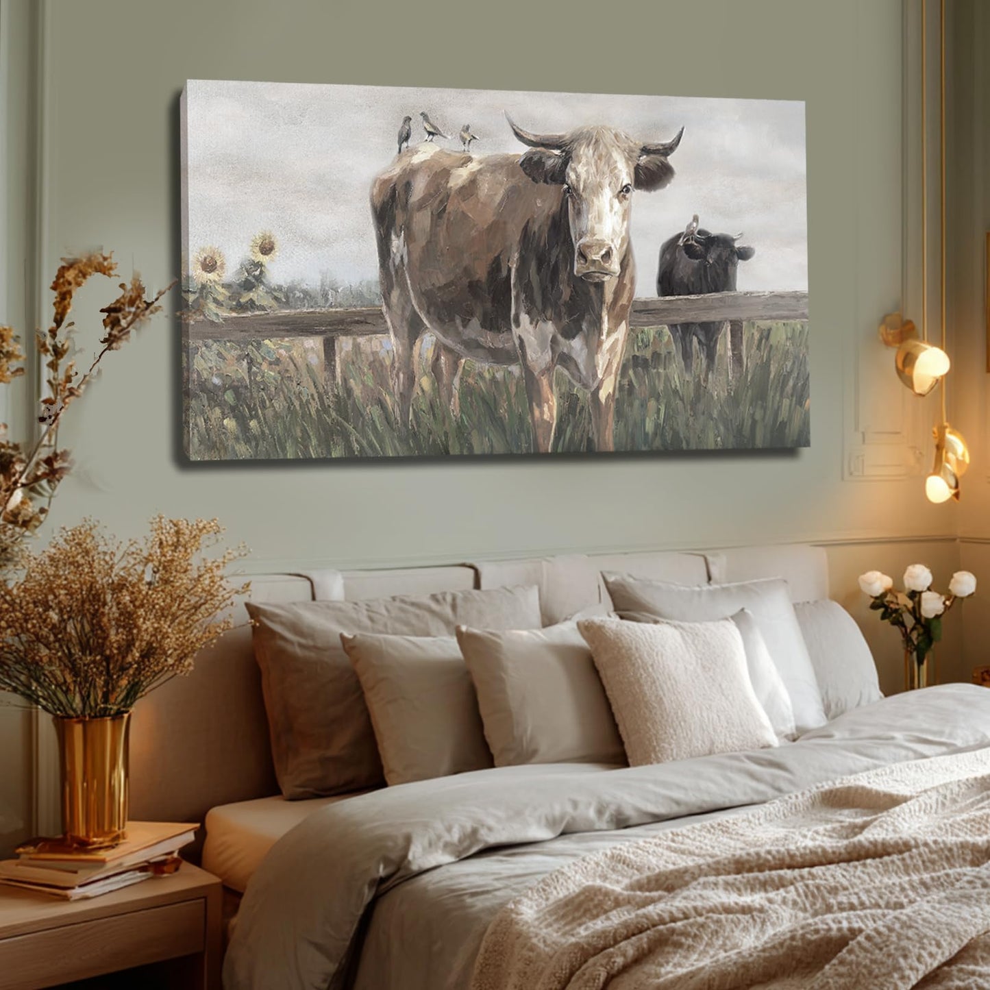Visual Art Decor Cow Decor black and brow Canvas Print Animal Artwork for livingroom,bedroom,office 40x20 inches