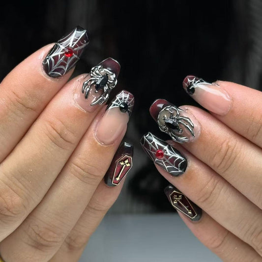IMSOHOT Halloween Medium Coffin Press on Nails, Black Red Ombre with 3D Spider Glossy Acrylic Nails, 24PCS
