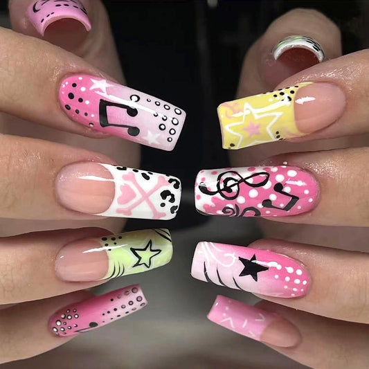 MISUD Press on Nails - Long Square Fake Nails with French Tip, Acrylic Y2K Star Design 24 pcs