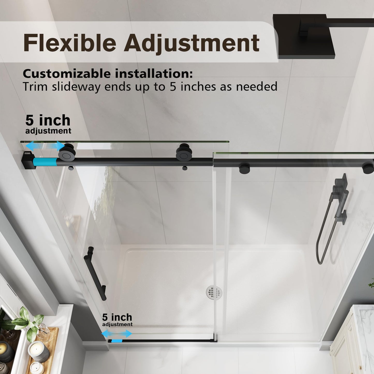 EASYWORC Frameless Glass Shower Door, 55-60" W x 76" H Sliding Frameless Shower Door, 1/4''(6mm) SGCC Tempered Glass, Explosion-Proof Film Nano Coating, Stainless Steel Hardware, Matte Black