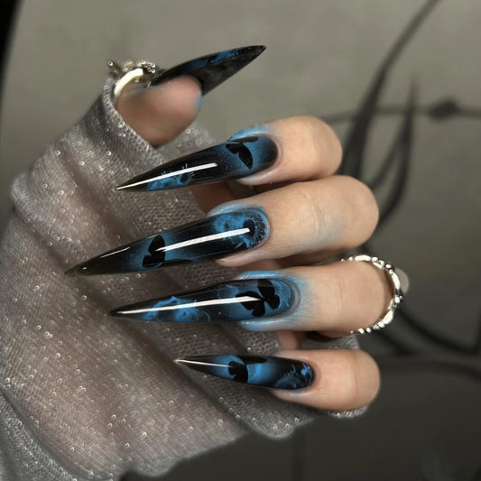 BABALAL Long Stiletto Press on Nails Almond Fake Nails Black Goth Blue Butterfly Y2k Glue on Acrylic False Nails Supplies Art 24Pcs Glossy Manicure Artificial Full Cover