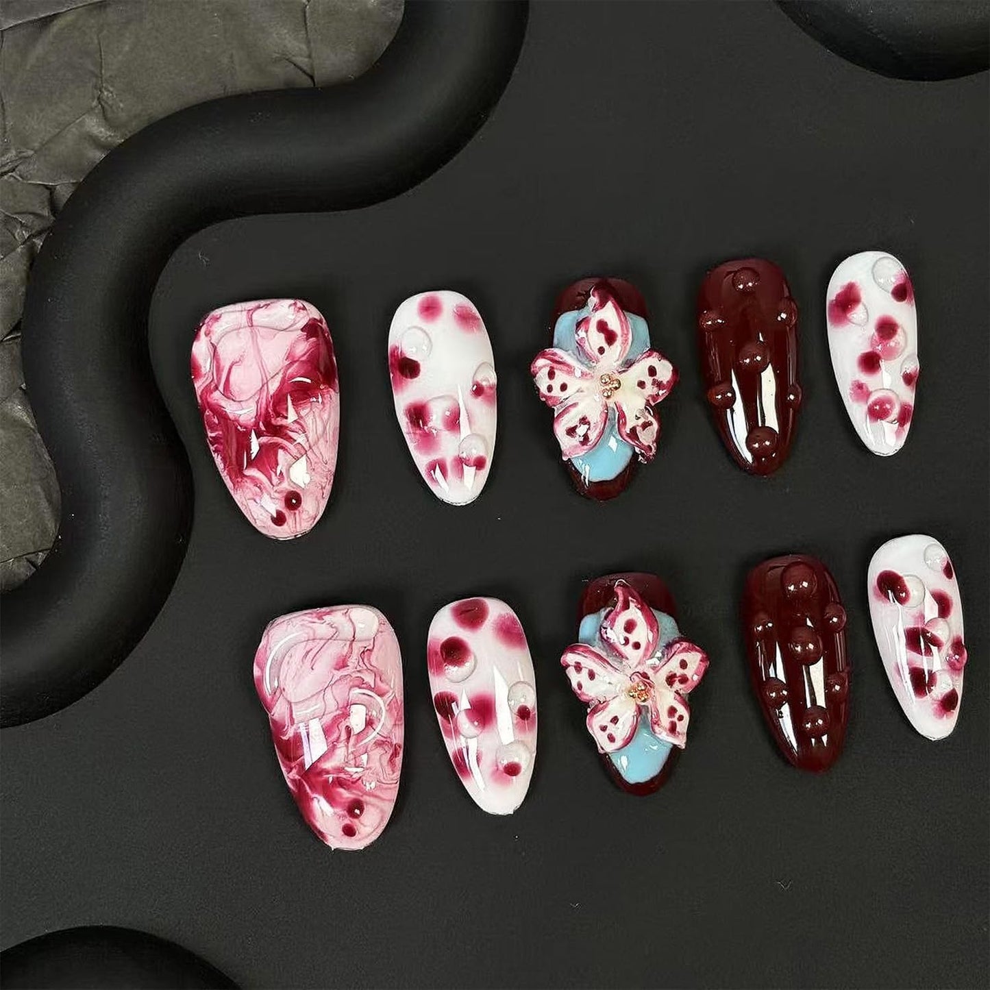 Handmade Press on Nails Medium Almond Fake Nails Press Ons Red 3D Luxury Charm Flower Full Cover Stick on Nails Rhinestone Glue on Nails Floral for Women Girls (Painting Water S)