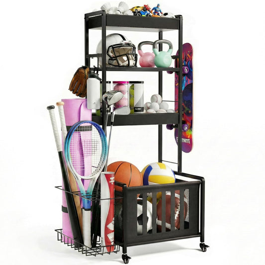 Faesun Sports Equipment Organizer, Ball Storage Rack for Garage, 4-Tier Indoor/Outdoor Rolling Ball Carts with Wheels for Toy Sports Gear Storage, Black