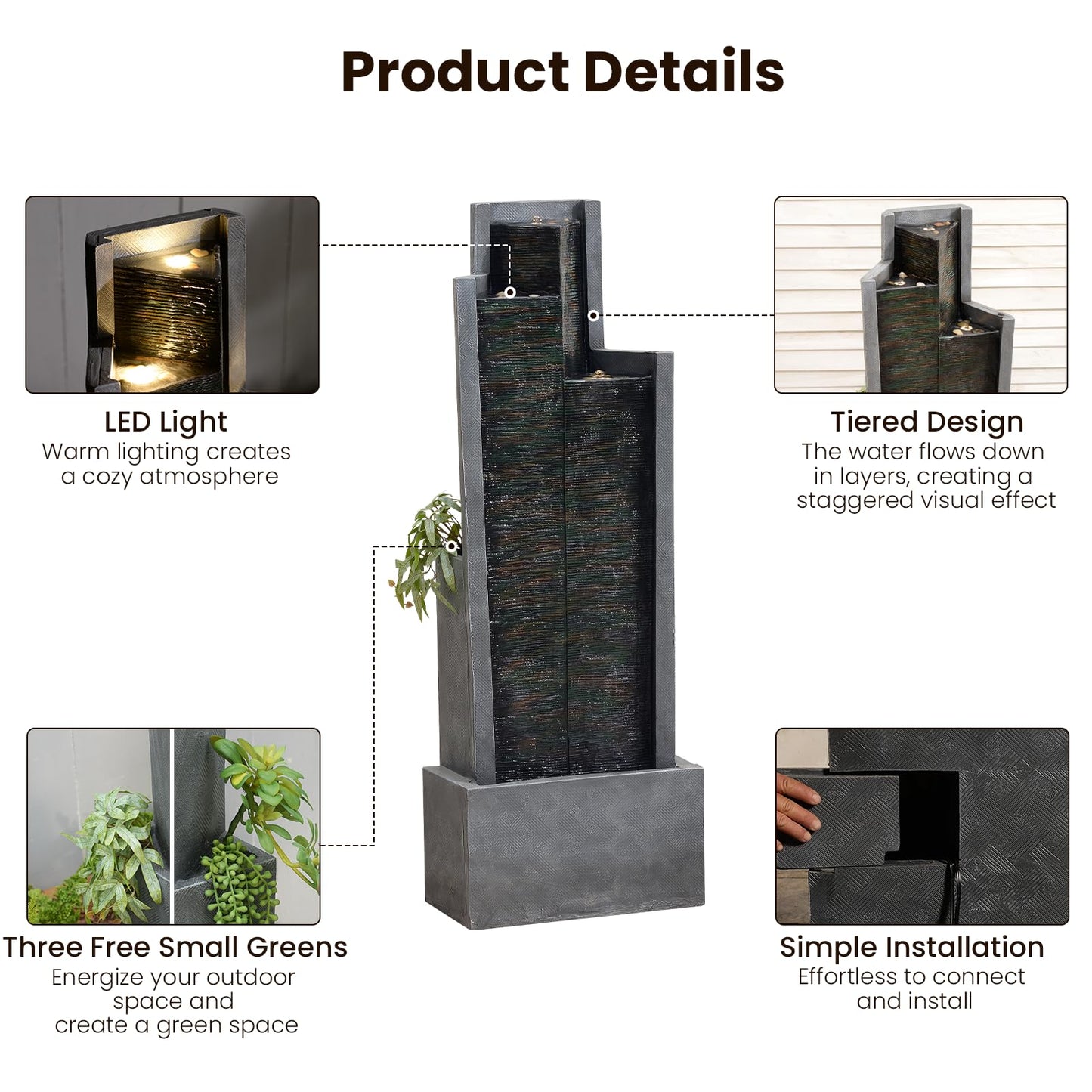 49.6" H Garden Fountains Outdoor Modern Cascading Indoor Water Fountain Tall Floor - Standing Fountain with Lights for Garden, Patio, Yard, Deck and Home Art Decor