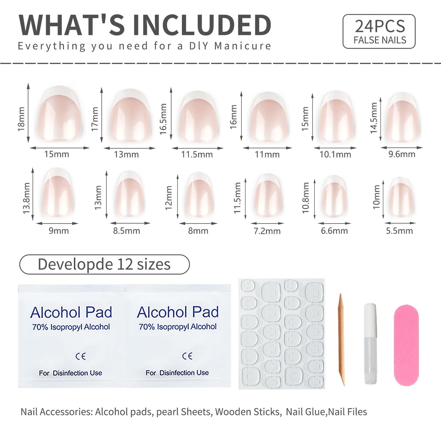 Mivota Oval French Press On Nails Short, White Tip Fake Nails with Sheer Pearl Base, Glossy Reusable Glue On Nails, Elegant French Manicure Stick On Nails for Women, 24 Pcs