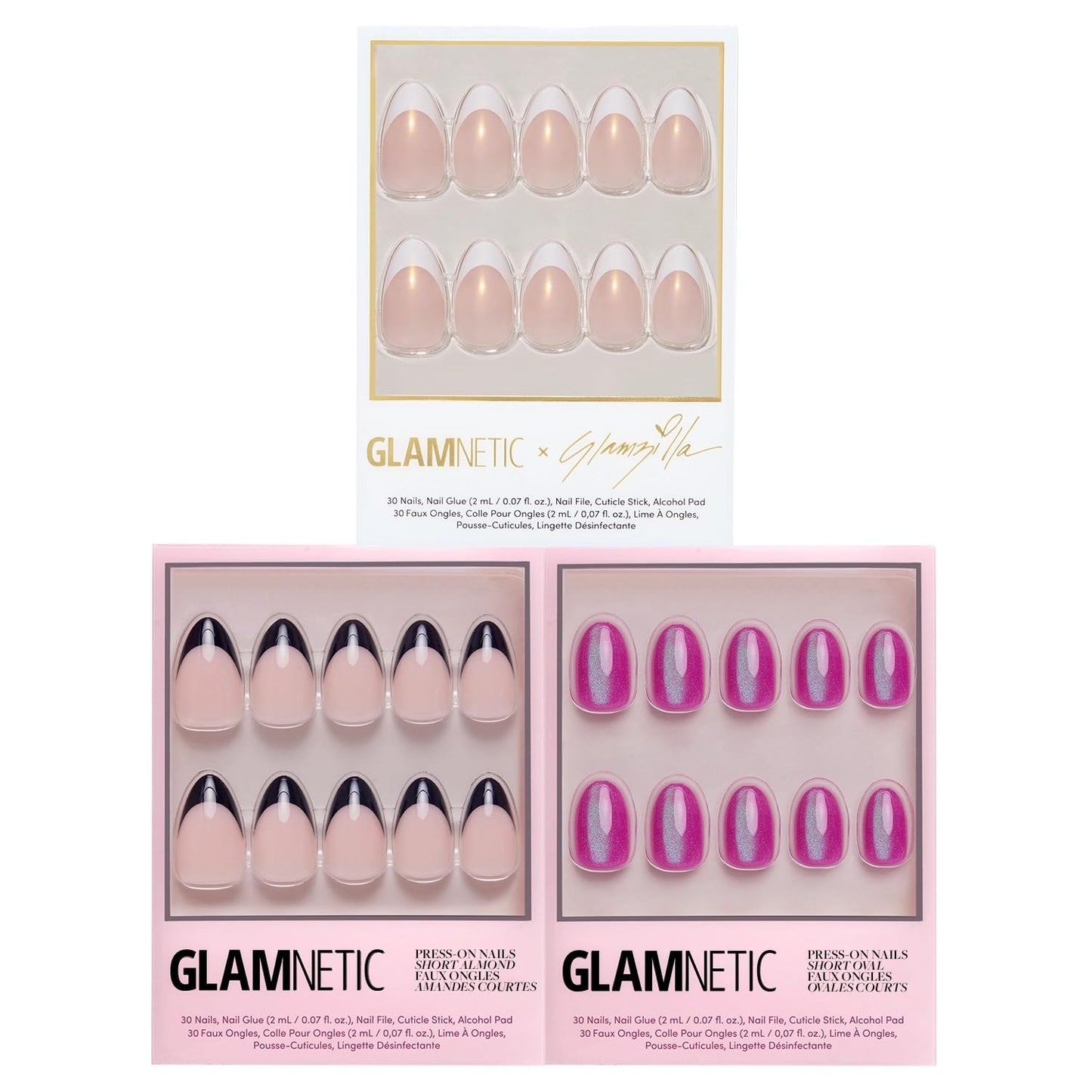 Glamnetic x GLAMZILLA Press-On Nails Bundle - GIVE 'EM GRACE, Berry Fizz & Caviar | Almond Fake French Tip Nails with Gold Glaze | Oval Magenta Nails with a Metallic Finish | Short Almond