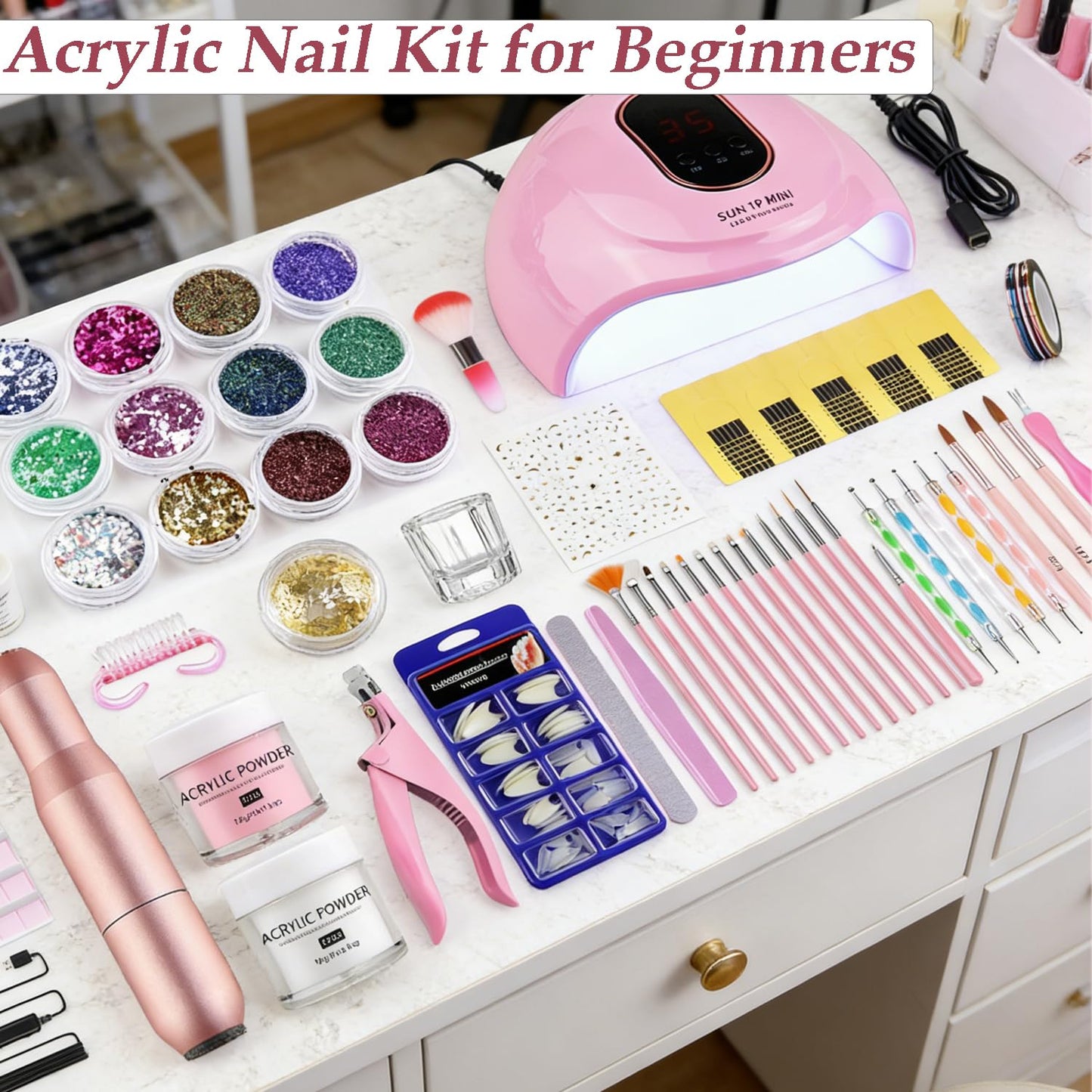 Acrylic Nail Kit for Beginners with Everything Nails Acrylic Set with Drill Nail Lamp Acrylic Powder Glitter Decorations Rhinstones Tools for Women Home Salon