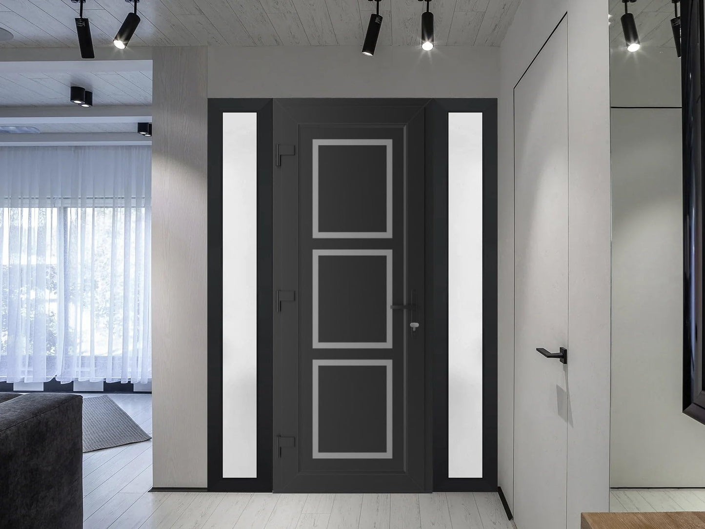 VDOMDOORS Front Exterior Prehung Metal-Plastic Door Frosted Glass | Manux 8661 Matte Black | 2 Side Sidelite Transoms | Residential Doors Entrance Patio Garage 60 x 80 (W12+36+12 x H80) Right-Inswing