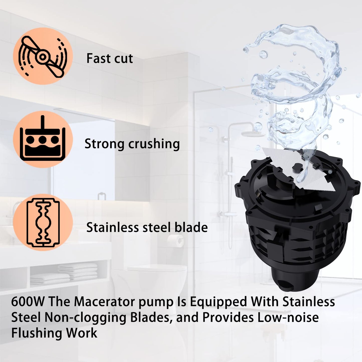 600W Macerator Pump, Sewerage Macerator Pump for Basement System, Macerating Toilet Pump with 4 Water lnlets Connectable Sink, Shower Room, Laundry