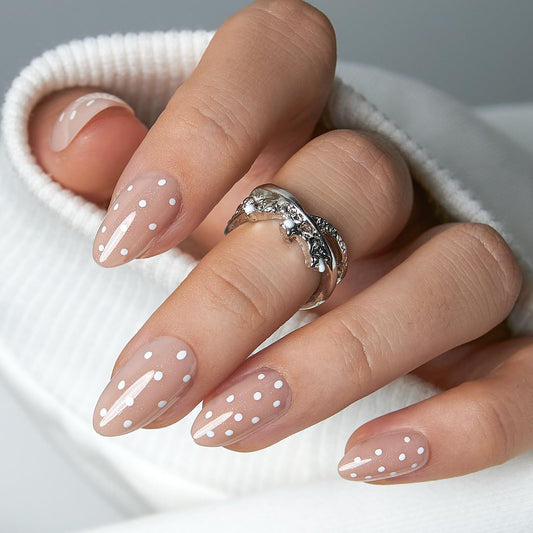 CurvLife Almond Press On Nails Medium – 30Pcs Soft Gel Almond Fake Nails, Dotted Milk Glow Reusable Glue On Nail Kit with Adhesive Tabs, Natural Fit & Salon-Quality for Women & Girls