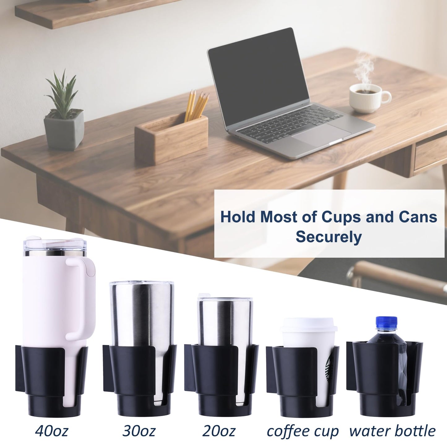Universal Large Desk Cup Holder Clamp on, Heavy Duty Plastic Drink Holder for Table, Porch Swing, Patio Chair, Clip On Anti-Spill Bottle Holder for Most Cups, Bottles, Cans, Tumbles, Black, Pack of 1