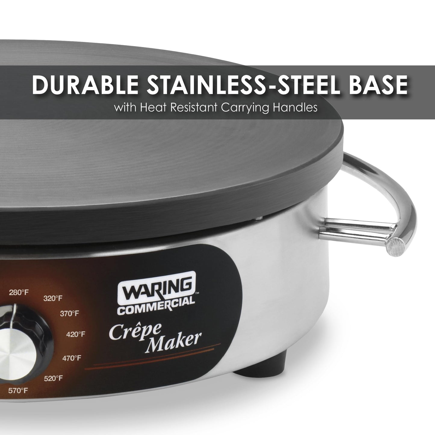 Waring Commercial WSC160X 16" Electric Crepe Maker, Cast Iron Cooking Surface, Stainless Steel Base, Includes Batter Spreader and Spatula, 120V, 1800W, 5-15 Phase Plug