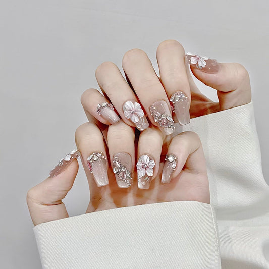 Yacey 3D Floral Handmade Press on Nails, Medium Coffin Reusable Wedding False Nails Press Ons, Pink Cat Eyes with Charms Acrylic Fake Nails, Luxury Bling Glue on Nails for Women Girls (10 Pcs, S)