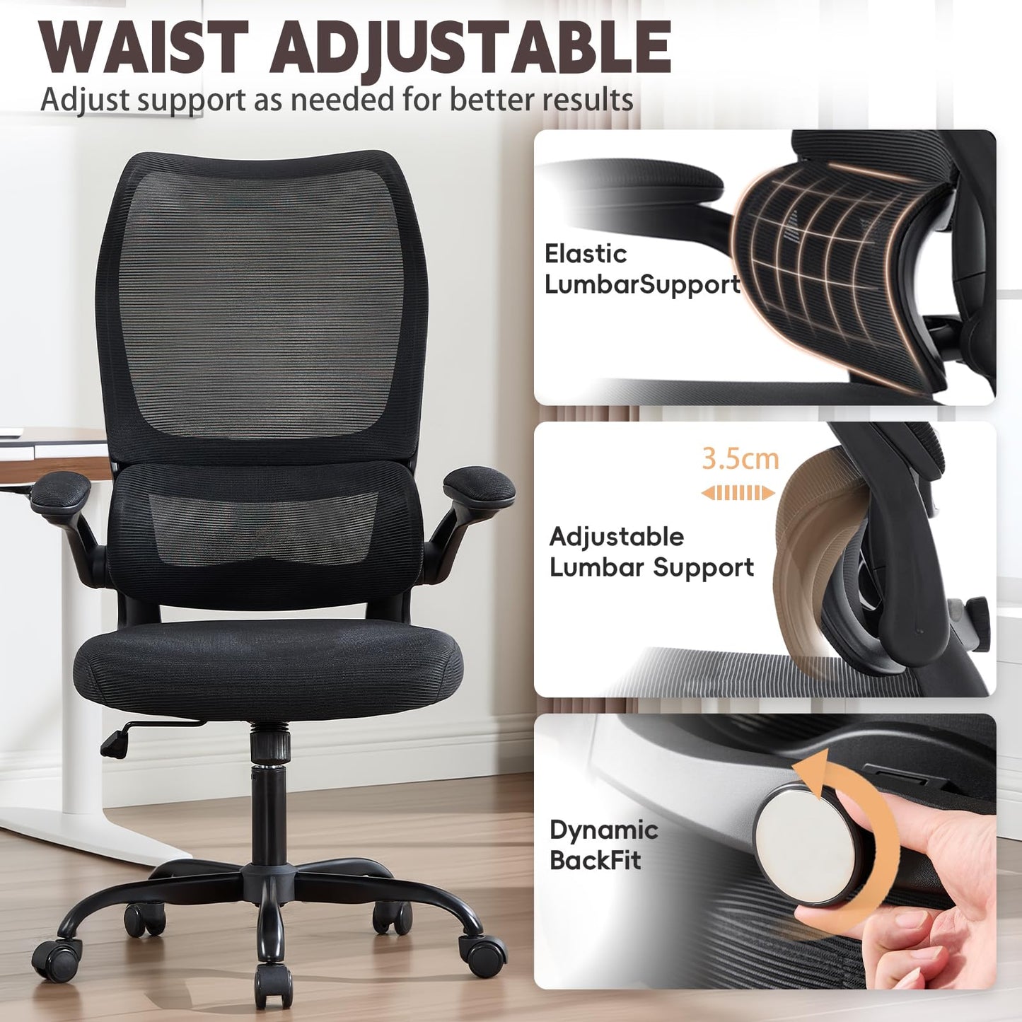 Ergonomic Office Chair, High Back Breathable Mesh Computer Desk Chair with Adjustable Lumbar Support and Flip-Up Armrests, 300LB Capacity Executive Swivel Task Gaming Seat for Home and Office (Black)