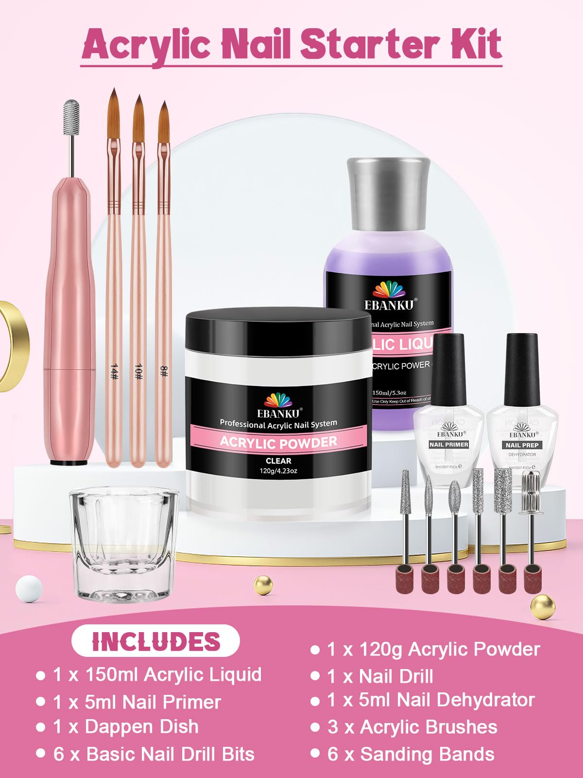 EBANKU Acrylic Nail Kit - 120g/4.23oz Acrylic Powder and 150ml Liquid Monomer Set With Brushes, Dappen Dish, Nail Primer Prep, 1 Set Drill Tools for Manicure, Nail Kit for Beginners