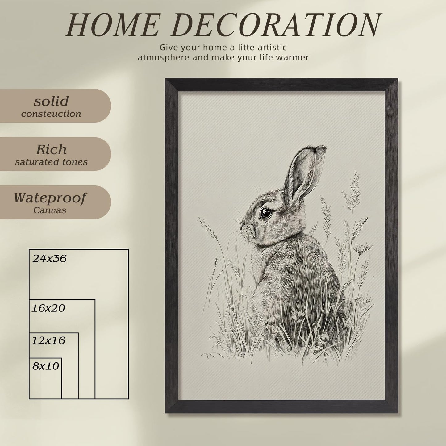 Wild Rabbit Wall Art, 12X16 Inch Black Framed Nature Wildlife Art Poster, Black And White Animal Canvas Print, Farmhouse Wall Decor For Living Room Bedroom Office Ready To Hang