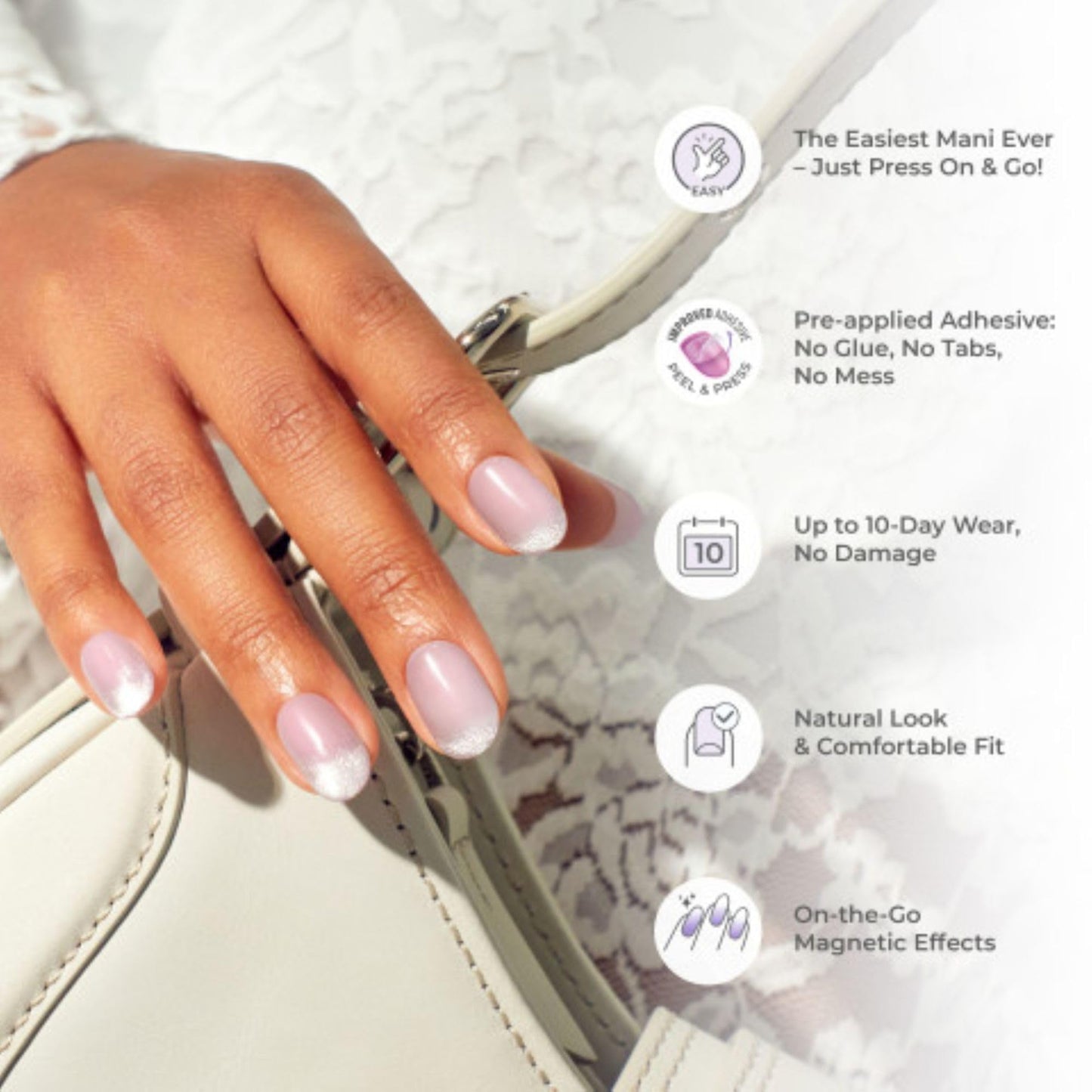 Kiss Impress No Glue Mani Press On Nails, ColorFX, 'Blissful Radiance', Brown, Short Size, Oval Shape, Includes 30 Nails, Prep Pad, Instructions Sheet, 1 Manicure Stick, 1 Mini File