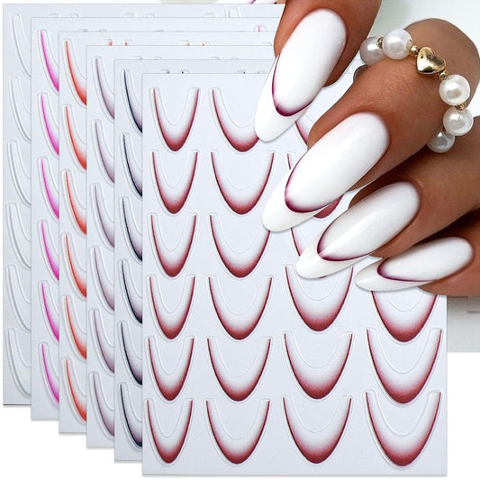 IDDFEVE Gradient French Line Nail Art Stickers - 6 Colors Self-Adhesive Curved Stripes Nail Decals, French Tips Guides Designs for DIY Manicure (6 Sheets)