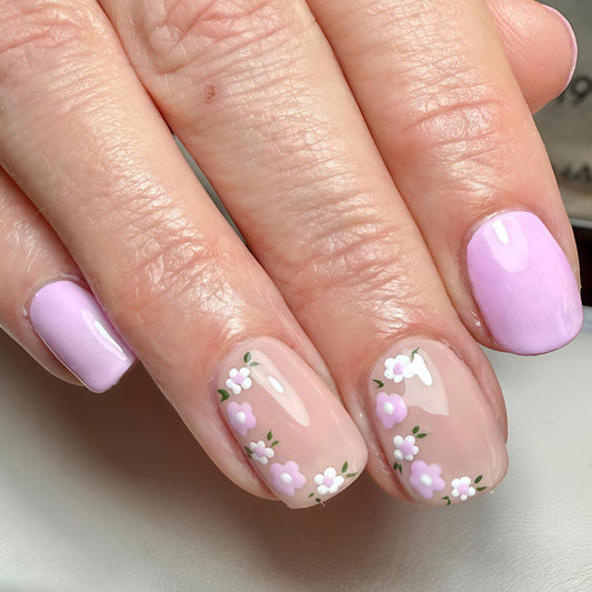Square Press On Nails Short Fake Nails With Flower Design Full Cover Acrylic Artificial Glossy Purple Glue On Nail Nude False Nails Cute Spring Summer Stick On Nail Reusable For Women 24pcs