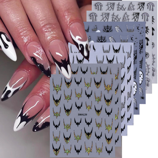 8 Sheets Halloween Nail Stickers Decals Gold Gloss Bat Nail Art Stickers Goth Nail Design Stickers Self-Adhesive Spider Web Spider Skeleton Nails Accessories for Women Nails Art Decorations Supplies