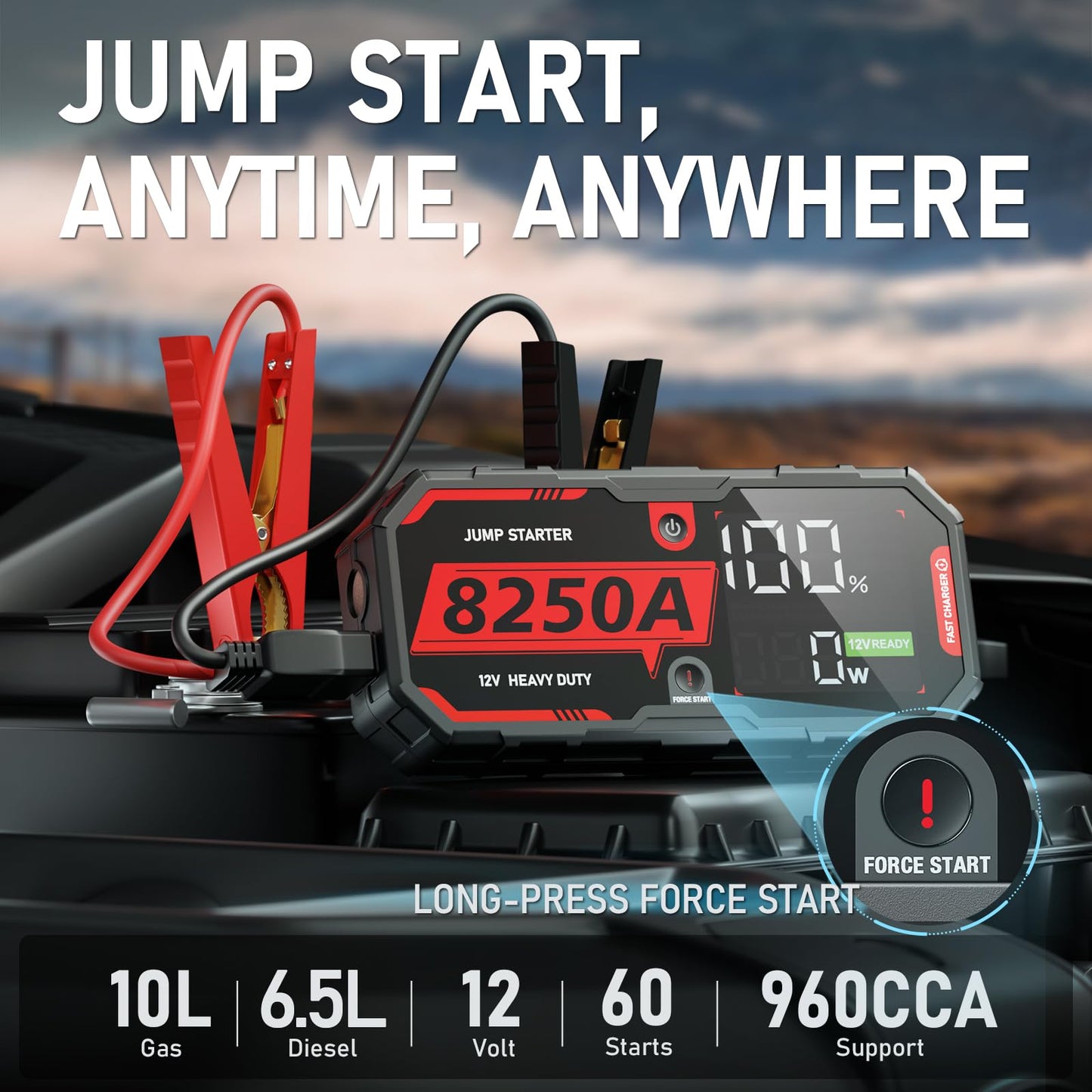 ATGFOX 8250A Jump Starter Heavy Duty Jumper Starter Portable Battery Pack (Up to 10L Gas / 6.5L Diesel), 24000mAh Power Bank, 12V Auto Car Truck Battery Booster Jump Box, 48-Months Stand-by Time