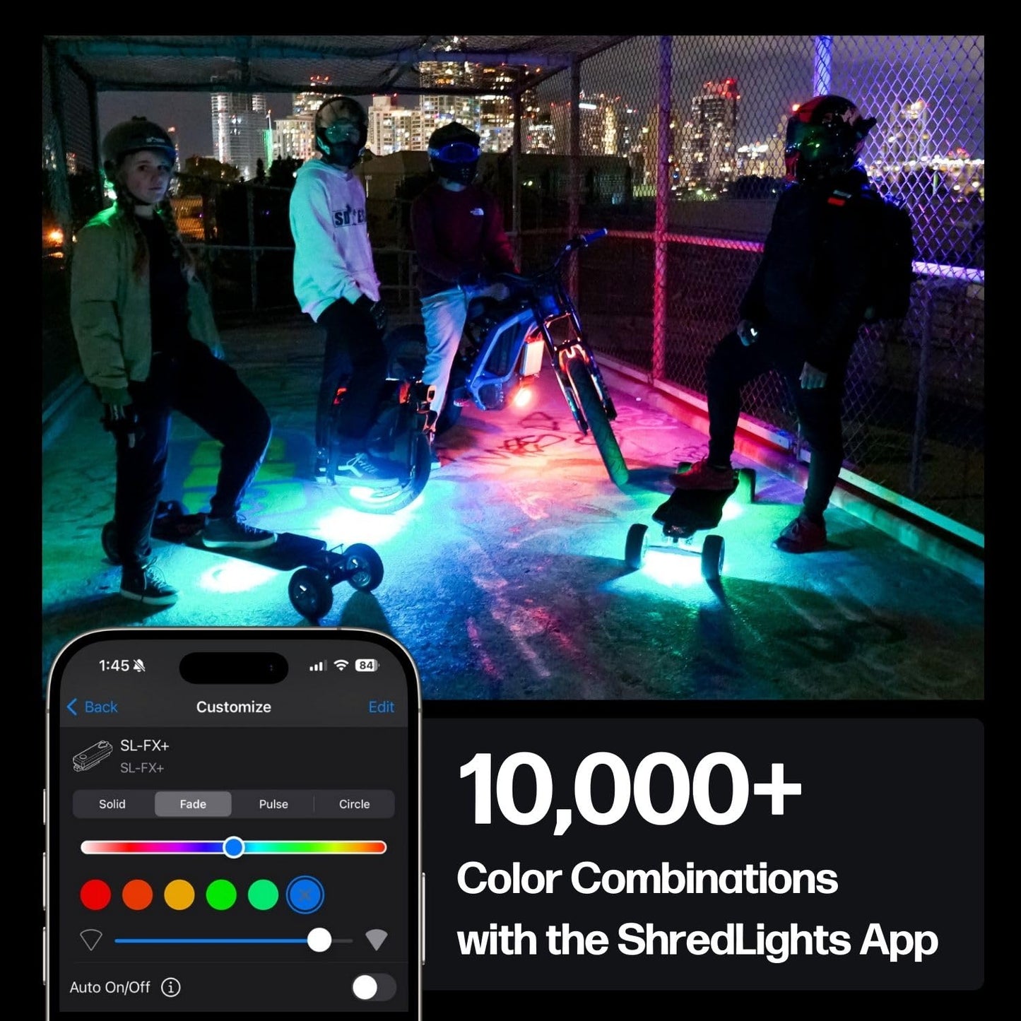 ShredLights SL-FX Underglow LED Light for Electric Skateboards, Longboards, Scooters, E-Bikes | Full RGB, 11 Light Modes, Adhesive Mount | Single Pack