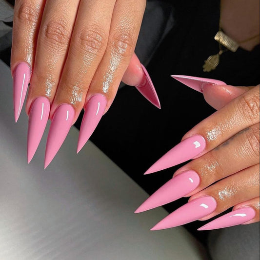 Pink Press On Nails Long Stiletto Fake Nails Solid Color False Nails With Design Full Cover Glossy Stick On Nail Reusable Artificial Acrylic Nail For Women Manicure 24pcs