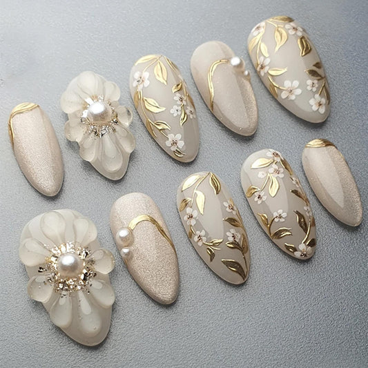 30Pcs Handmade Press on Nails Medium Almond Shape 3D Flower Fake Nails with Chrome Gold Foil Leaves Pearl Designs Nude White Shiny Acrylic Nails Reusable Full Cover Artificial False Nails for Women