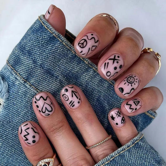 Short Squoval Abstract Doodle Press On Nails, Black Line Art Fake Nails for Women, Reusable Stick On Nails, Short Glossy Nude False Nails, Trendy Graphic Nail Designs