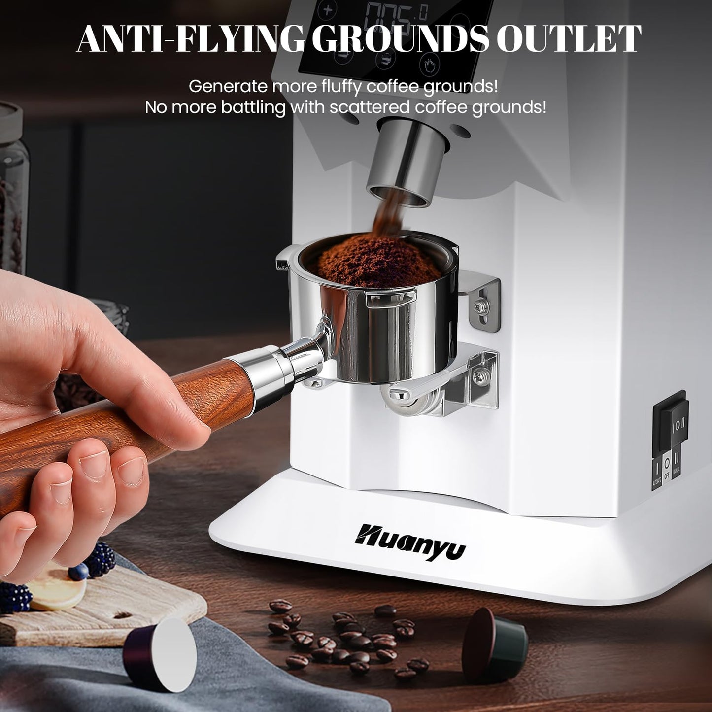 Huanyu Commercial Coffee Grinder with 74mm Flat Burr Reinforced 53oz Bean Hopper (40% Thicker), 15 Stepless Grinds, Touch Screen White
