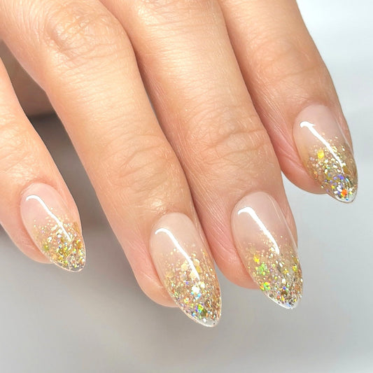 Sunruby Press On Nails Short Almond Jelly Pink Glossy with Gold Glitter Tips. Reusable Soft Gel Nails in 15 Sizes -30 Nail Kit with Glue | Designed in L.A, Handmade in Vietnam | Hi-End