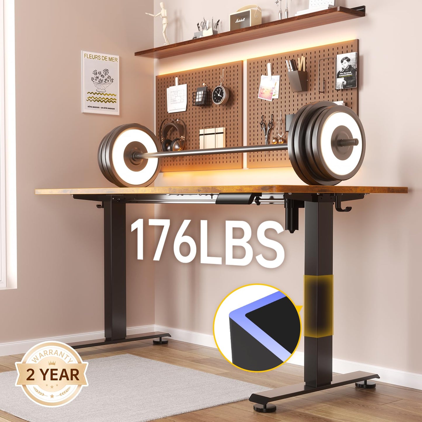 Veken 47.2" Standing Desk, Adjustable Height Office Desk with Wood Desktop, Computer Table for Home Work, Study and Gaming, Small Spaces, Modern Furniture，Brown