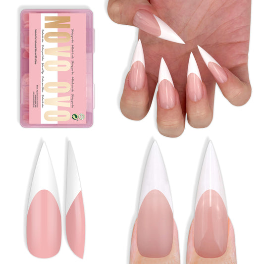 NOVO OVO White French Tip Long XL Sharp Stiletto Nail Tips Press on BABY PINK, Soft Gel Double Matte Fake Nail Extension, Full Cover False Nails for Acrylic DIY x 16 Sizes 160 pcs