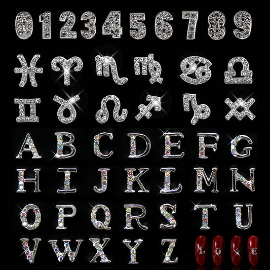 JERCLITY 48 Pieces Alloy Silver Nail Charms, 12pcs Zodiac Nail Charms, 26pcs Letter Nail Charms, 10pcs Number Nail Charms, Silver Charms for Women Girls Nail Art