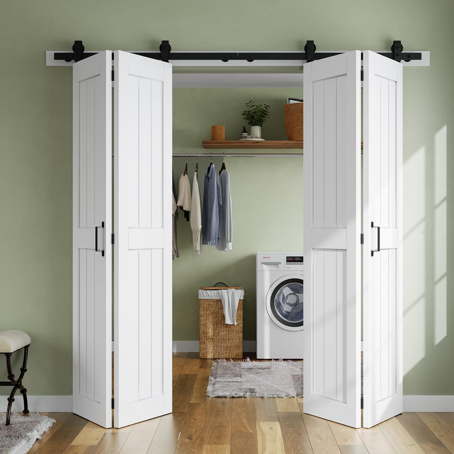 SMARTSTANDARD Bifold Barn Door 64'' x 84'',Bi-Fold Sliding Closet Doors with Hardware Kit Included,72'' Track Kit for 4 Doors,Waterproof & Quiet,Pre-Drilled Holes Easy Assembly,White