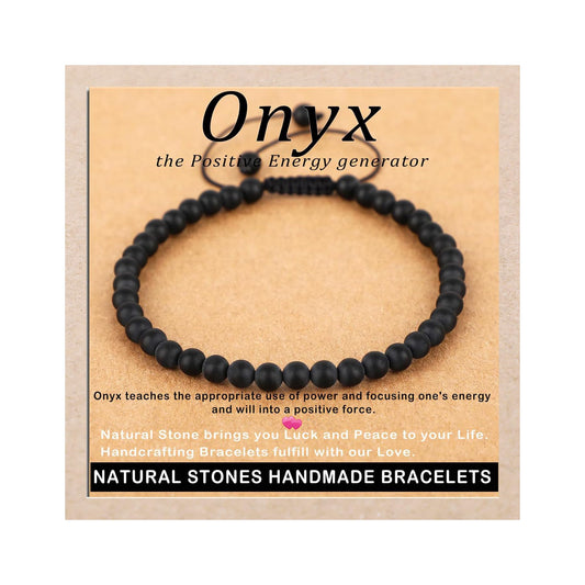 AD Beads 4mm Matte Onyx - Positive Energy - Handmade Natural Stone Crystal Bracelet with Adjustable Macrame String - Yoga Healing Power Energy Gifts for Men and Women