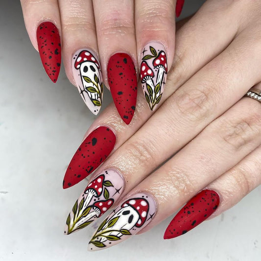 24Pcs Halloween Press on Nails Almond Long Fake Nails Matte Full Cover False Nails with Mushroom Ghost Designs Artificial Acrylic Nails Press ons Cute Halloween Stick on Nail for Women