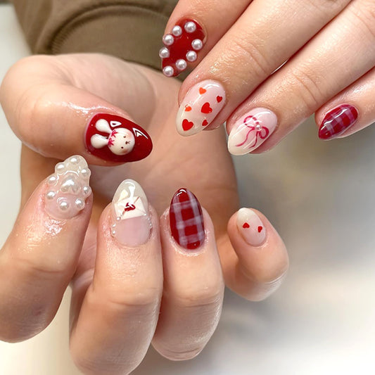 24Pcs Cute Valentines Press on Nails Short Oval Fake Nails with 3D Heart Pearls Designs Red Bow Love False Nails Red Glossy Full Cover Cute Rabbit Envelope Gel Artificial Stick on Nails for Women