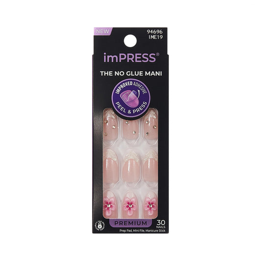 Kiss Impress No Glue Mani Press On Nails, Design, 'Couture-geous', Pink, Medium Size, Almond Shape, Includes 30 Nails, Prep Pad, Instructions Sheet, 1 Manicure Stick, 1 Mini File