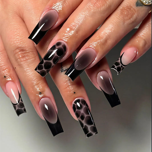 MISUD Press on Nails - Long Square Fake Nails with Black Brown French Tip, Acrylic Tortoise Design 24 pcs