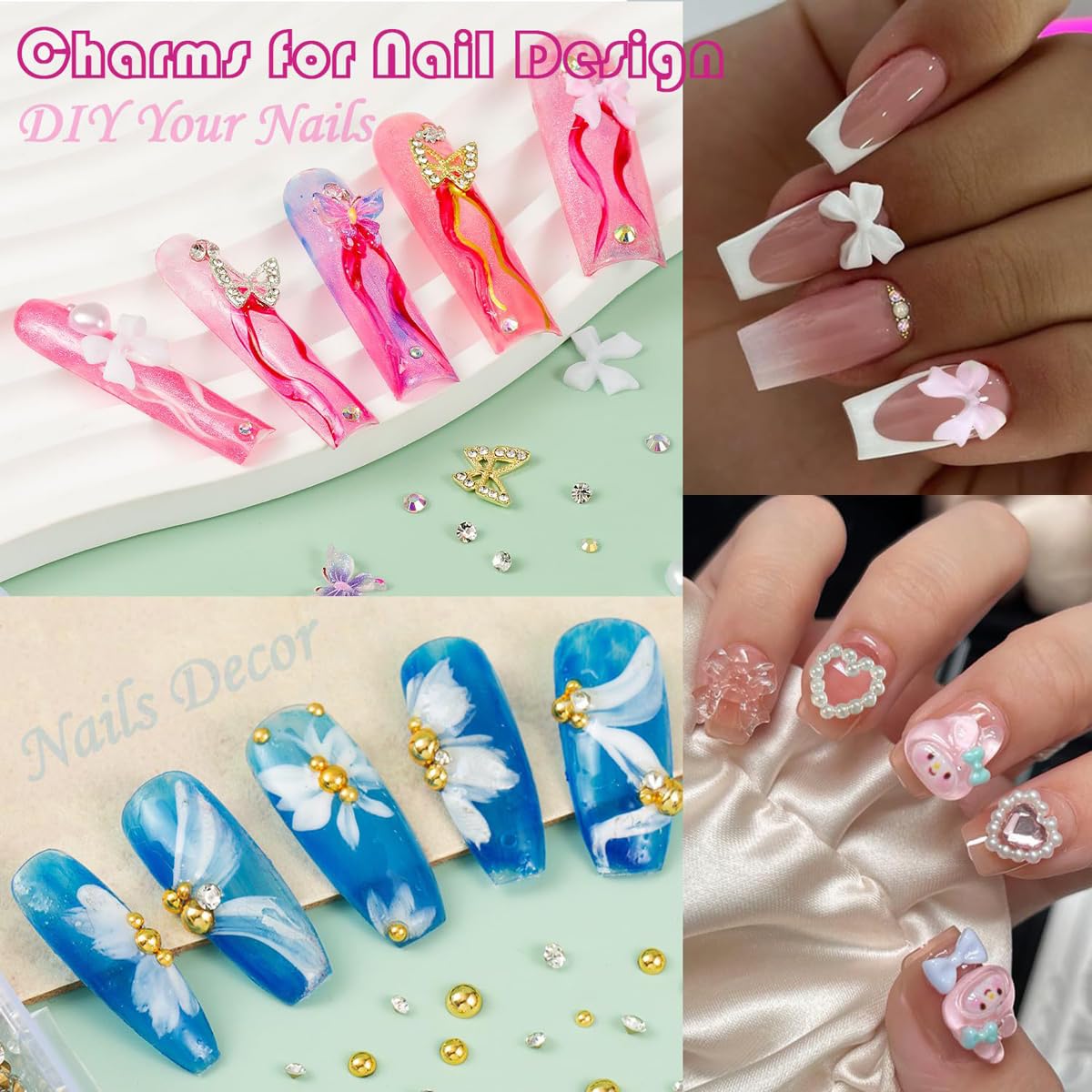 15 Grids Nail Art Decorations Set - 3D Bow Heart Butterfly Flower Charms, Glitter Sequins, Rhinestones & Pearls, Pink White Gold Nail Jewelry Kit for Acrylic Nails, DIY Manicure Accessories for Women