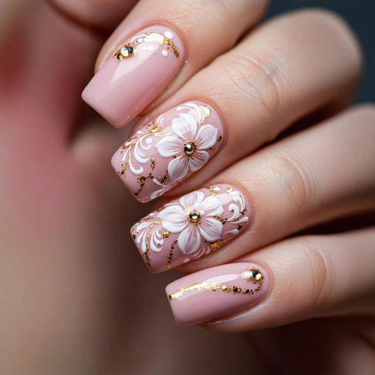 Medium Square Nails Pink Base White Floral Patterns Gold Foil Stripes White Bare Diamonds Decorations Glue on Nails Glossy Surface Fashion Style Manicure Artificial Nails Spring Vibe 24 Pcs
