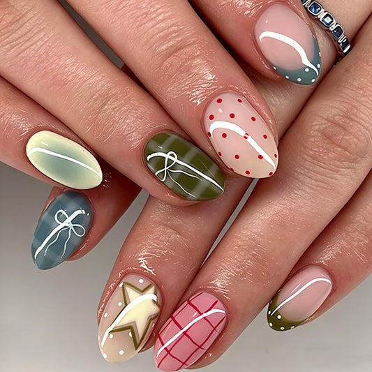 Short Oval Press on Nails Colorful Fake Nails French Tip False Nails with Bow Star Plaid Polka Dot Design Summer Cute Nails Full Cover Glue on Nails for Women Girls Manicure Kit 24Pcs