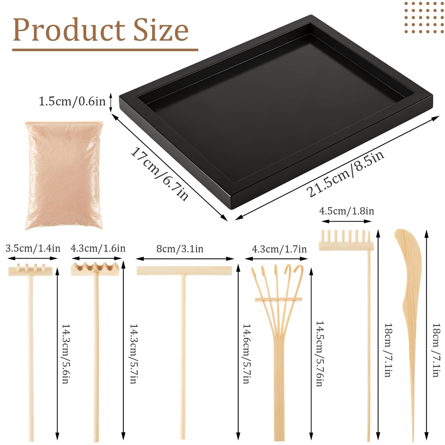 Soulchen 8 Pcs Mini Zen Garden Kit for Table Decor DIY Your Own Zen Garden 8.5" x 6.7" Japanese Sand Tray 6 Rake Tools Meditation Gifts Set for Home Office Tabletop Accessories Therapy Stress Relief