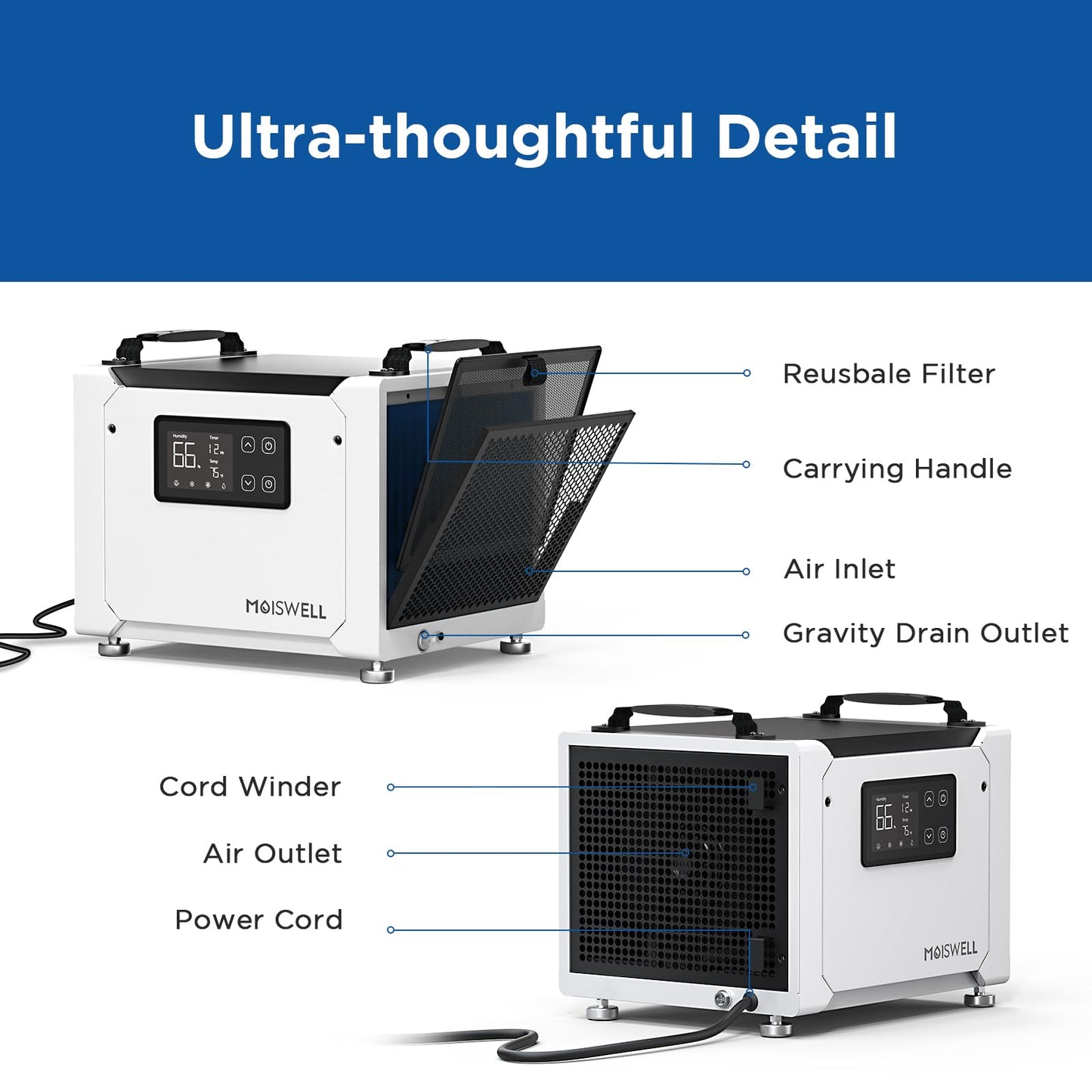 Moiswell 70 Pints Commercial Dehumidifier with Drain Hose, Compact Crawl Space Dehumidifiers for Basement and Home, Energy Star Certified, Automatic Defrost