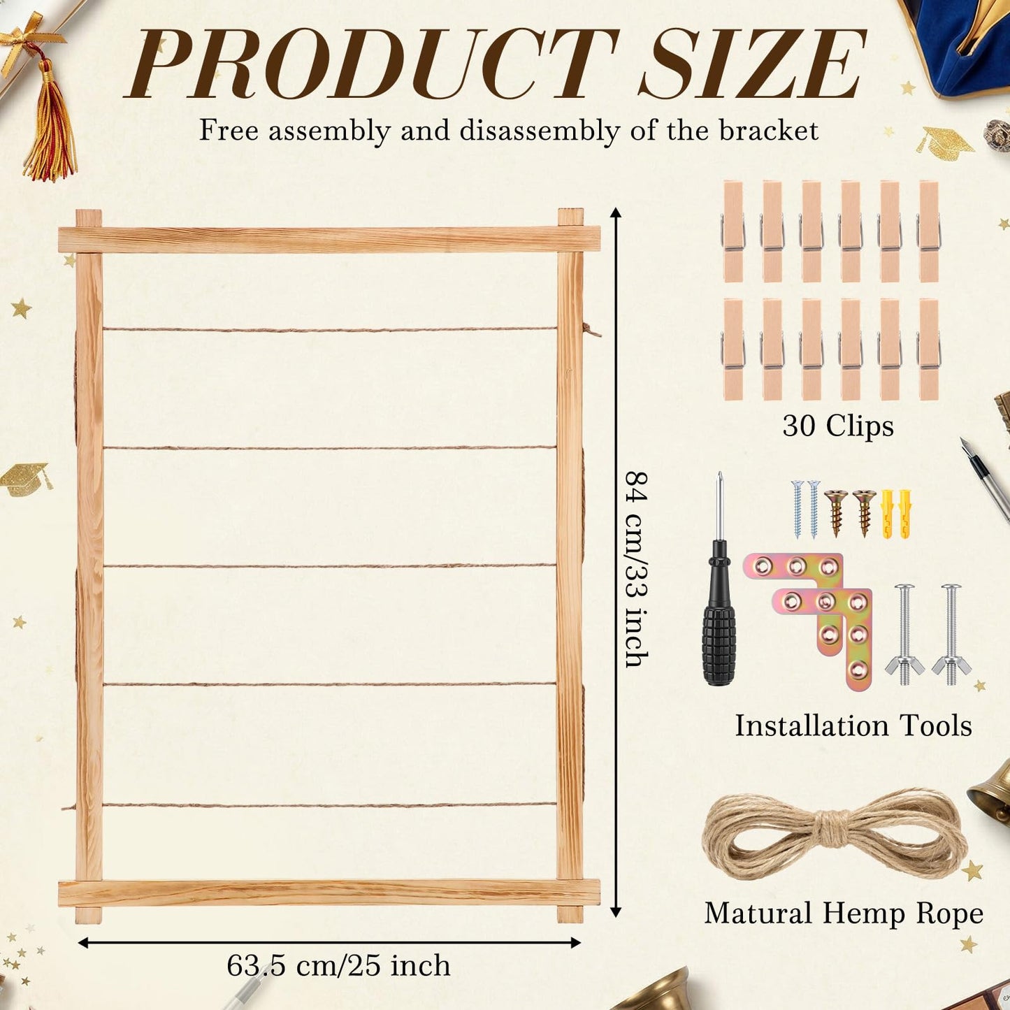 Cinnvoice 33x25 Inch Graduation Decorations Class of 2026 Freestanding Photo Display Board with 30 Clips Stable Tabletop Wooden Picture Frame Collage for Party Hanging Photos Postcards Greeting Cards